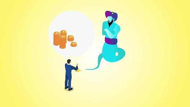 Businessman asking wealth from a genie
