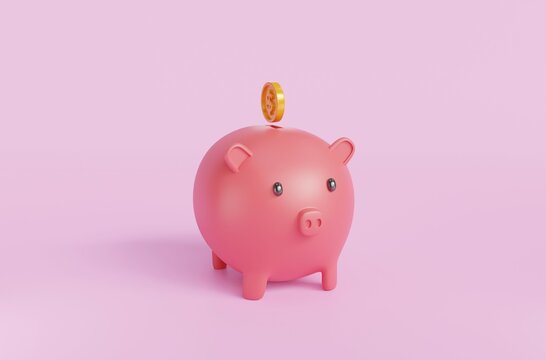 Piggy bank isolated on purple background.Symbol of goals in savings.investing and business.money management.Saving and money growth concept.Dollar.Money box.Pink piggy bank.3D rendering,illustration
