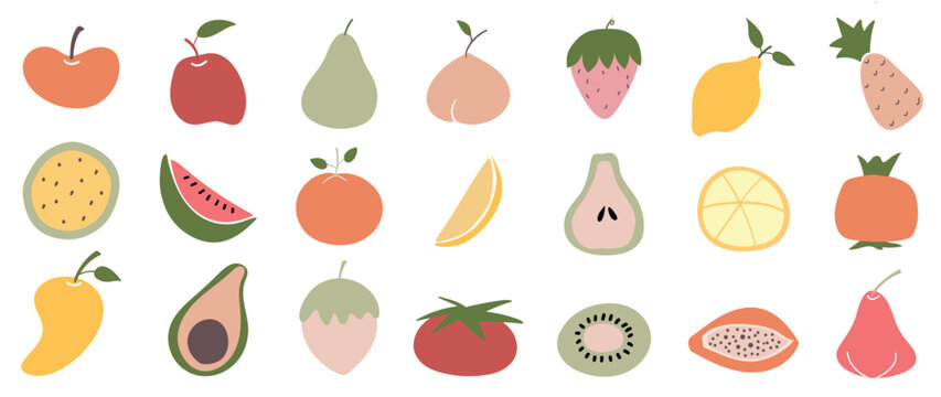 Set of fruit icon vector. Collection of hand drawn natural cute fruits doodle style, apple, mango, watermelon, tomato, orange, strawberry, lemon. Design illustration for sticker, decoration, print.