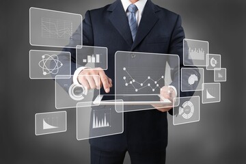 Young businessman hold abstract info-graphic chart.