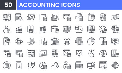 Accounting and Business Finance vector line icon set. Contains linear outline icons like Money, Investment, Bank, Calculator, Audit, Pay, Tax, Income, Account, Review, Report. Editable use and stroke.