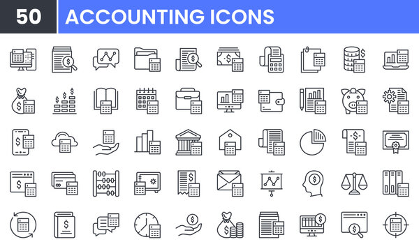 Accounting and Business Finance vector line icon set. Contains linear outline icons like Money, Investment, Bank, Calculator, Audit, Pay, Tax, Income, Account, Review, Report. Editable use and stroke.