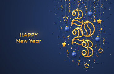 Naklejka premium Happy New 2023 Year. Hanging Golden metallic numbers 2023 with shining 3D metallic stars, balls and confetti on blue background. New Year greeting card, banner template. Realistic Vector illustration.