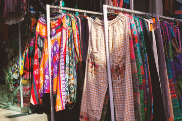 Nepalese clothes are displayed in a shop in Rishikesh, Uttarakhand, India.