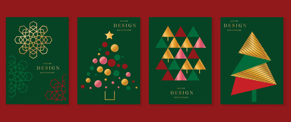Set of luxury christmas invitation card art deco design vector. Decorative geometric shape snowflake and tree in gradient gold, red and green. Design for cover, greeting card, print, post, website.