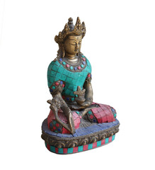 Bronze buddha statuette decorated with stones isolated.