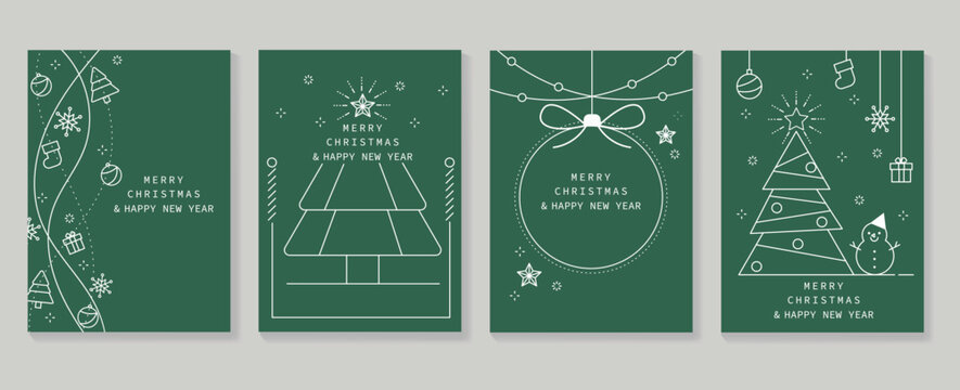 Set of luxury christmas and new year card art deco design vector. Christmas element white line of ball, tree, snowman, gift on green background. Design for cover, greeting card, print, post, website.