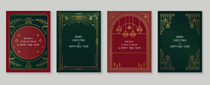 Set of luxury christmas and new year card art deco design vector. Christmas element gold line art of pine leaf, sparkle, art deco frame, gatsby. Design for cover, greeting card, print, post, website.