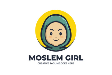 Cute Moslem Girl Wear Hijab Cartoon Logo Illustration