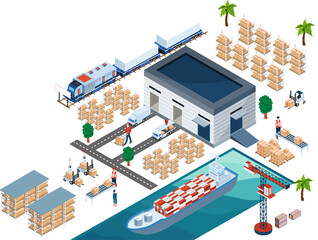 3D isometric Global logistics solutions landing page concept with Smart Logistics, Business logistics, Warehouse Logistic, Online delivery, Export and Import. PNG illustration