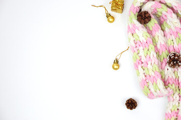 New Year or Christmas of decorations colorful and scarf on white background.