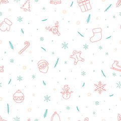 Christmas seamless pattern of red and teal hand drawn icons