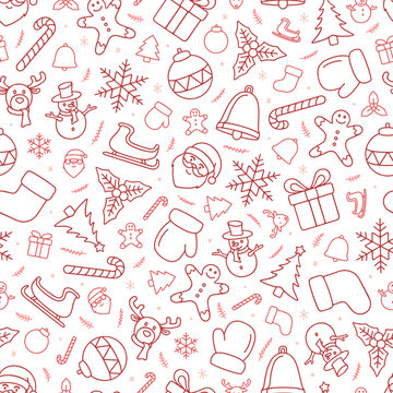 Seamless pattern of red outline Christmas doodle on transparent background