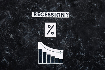 Recession? text with percentage symbol and chart with economic growth going down on dark...