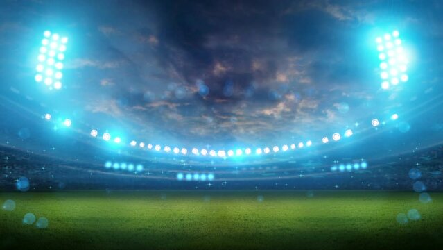 stadium Moving lights, animated flash with people fans. 3d render illustration cloudy sunset