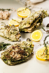 Fresh Pacific Oysters on a light background. Lemon and oregano. Selective focus. Vertical shot. Close-up