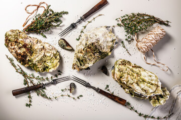 Fresh oyster and oregano. Food flat lay composition on a light background. Healthy and tasty natural seafood