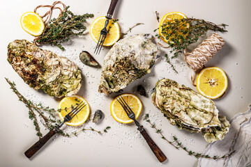 Fresh oyster, lemon and oregano. Food flat lay composition on a light background. Healthy and tasty natural seafood
