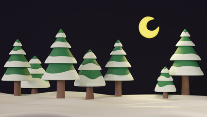 3D Rendering background snow, moon and christmas trees tonight