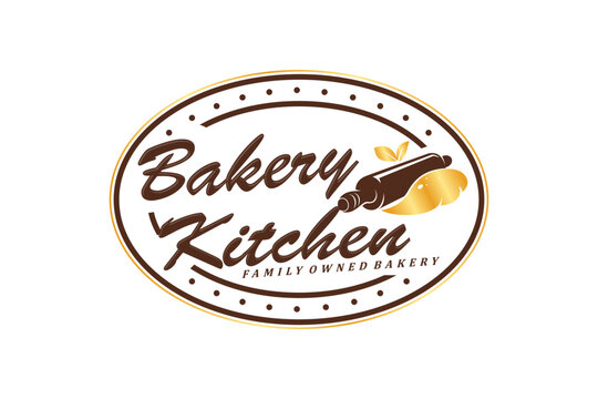 Bakery kitchen rolling pin logo design cake restaurant handmade vector oval shape