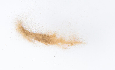 Sand flying explosion, Golden sand wave explode. Abstract sands cloud fly. Yellow colored sand...