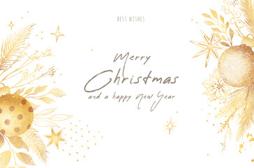 Watercolor hand drawn frame with shiny gold Christmas decoration elements, balls, yellow stars, snowy spruce branches, winter berries isolated on white background. New year illustration, greeting card