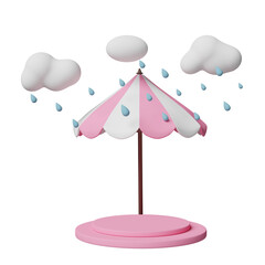 stage podium empty with umbrella, cloud, drop rain water isolated. protection and security concept, 3d illustration or 3d render