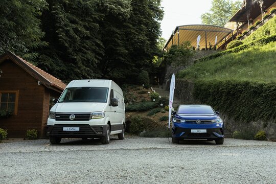 Pair of electric Volkswagen cars at an event in Arad, Romania