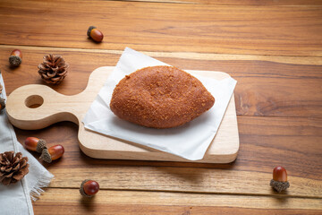 Fried Doughnut Toast with Soy Chicken Filling, snack or breakfast bread. Curry Bread 0r Japaness bun Asian style.