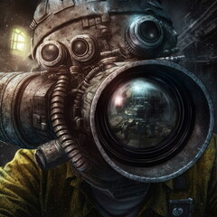 Alien robotic steampunk photographer