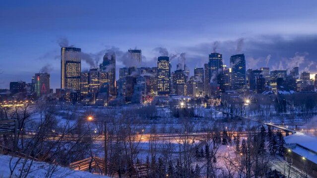 Timelapse of the Calgary skyline on a cold winter day.