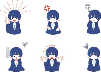 スーツを着ている人物の様々な表情のイラストセット