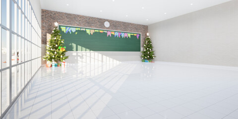 3d rendering of empty classroom consist of white tile floor, board or chalkboard, christmas tree...