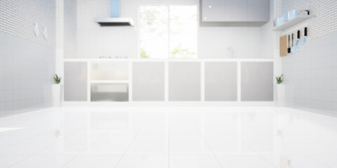 Fototapeta na wymiar 3d rendering of kitchen room. Interior decor by white tile floor, clear glass in window, cabinet, counter sink and smoke hood. Include green nature and empty space for product display or background. 