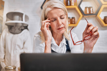 Woman, headache and entrepreneur stress and anxiety, honey salesperson, small business owner...