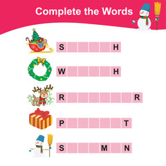 Complete the missing words. Christmas items vocabulary. Worksheet for preschool. Writing practice. Vector illustration. Cute graphic. Kawaii. Exercise lettering game for kids. Vector illustration.
