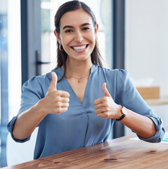 Thumbs up, business woman and portrait in office startup workplace for like, career success or...