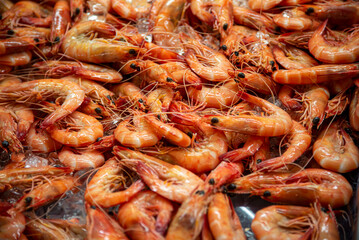 Fresh prawns on ice bed