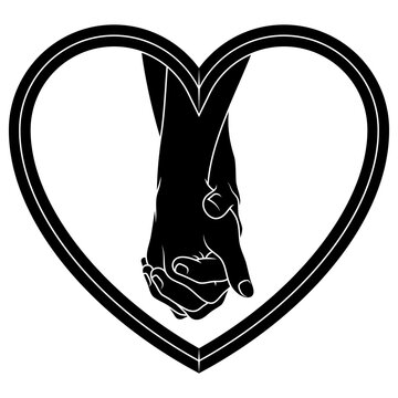 Illustration of two arms inside a heart, couple holding hands inside a heart, silhouette and lines