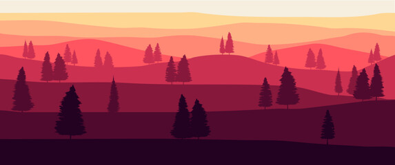 Mountain or hill layers landscape beautiful scenery vector illustration with trees silhouette. Perfect for background, wallpaper, desktop background, desktop wallpaper, travel banner background.