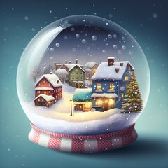 winter wonderland with little town and Christmas tree inside a snow globe , snowing, festive.	