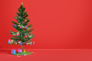 3d illustration red background mockup scene christmas and happy new year winter elegance holiday celebration christmas tree snow gifts gold