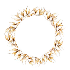 Circle frame of spikelet of rye watercolor illustration isolated on white.