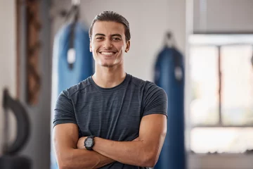 Foto auf Acrylglas Fitness Gym, fitness and portrait of proud man standing with smile, motivation, health and energy for training. Coach, personal trainer or happy boxing club owner in studio for workout, coaching and wellness