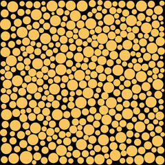Illustration many circle sizes golden color on black background and texture.