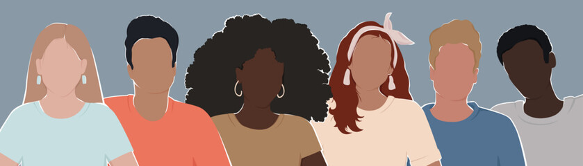 A group of diverse people with different skin colors stand together. All people are equal. Modern flat vector illustration in trendy colors.