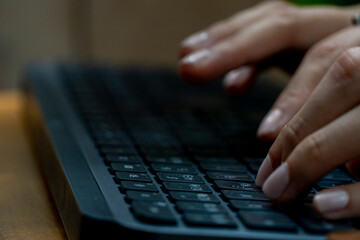 Working at home with laptop woman writing a blog. Female hands on the keyboard