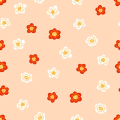Red and white flowers on a light background. Flower vector field pattern.