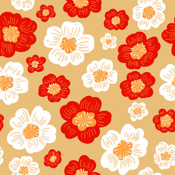 Red and white flowers on a light background. Flower vector field pattern. Summer flowers pattern.