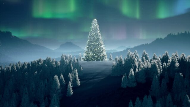Winter mountain landscape. Beautiful Christmas tree decorated with Christmas lights.